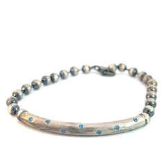Sterling Silver 17.1 gram (11) Round Blue Stone on a Bar Beaded Men Bracelet