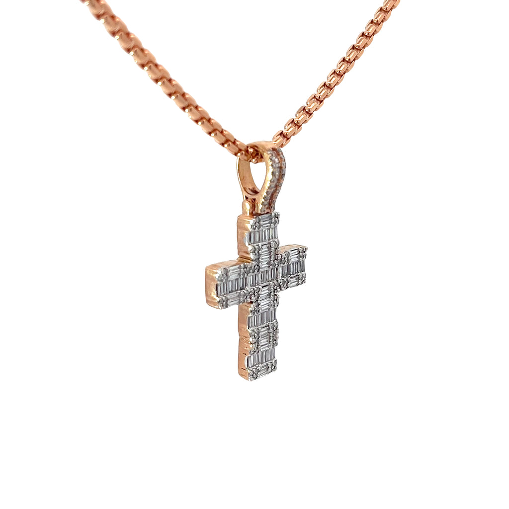 14k Rose Gold 2.00ct F VS2 Round and Baguette Diamond Cross Necklace
