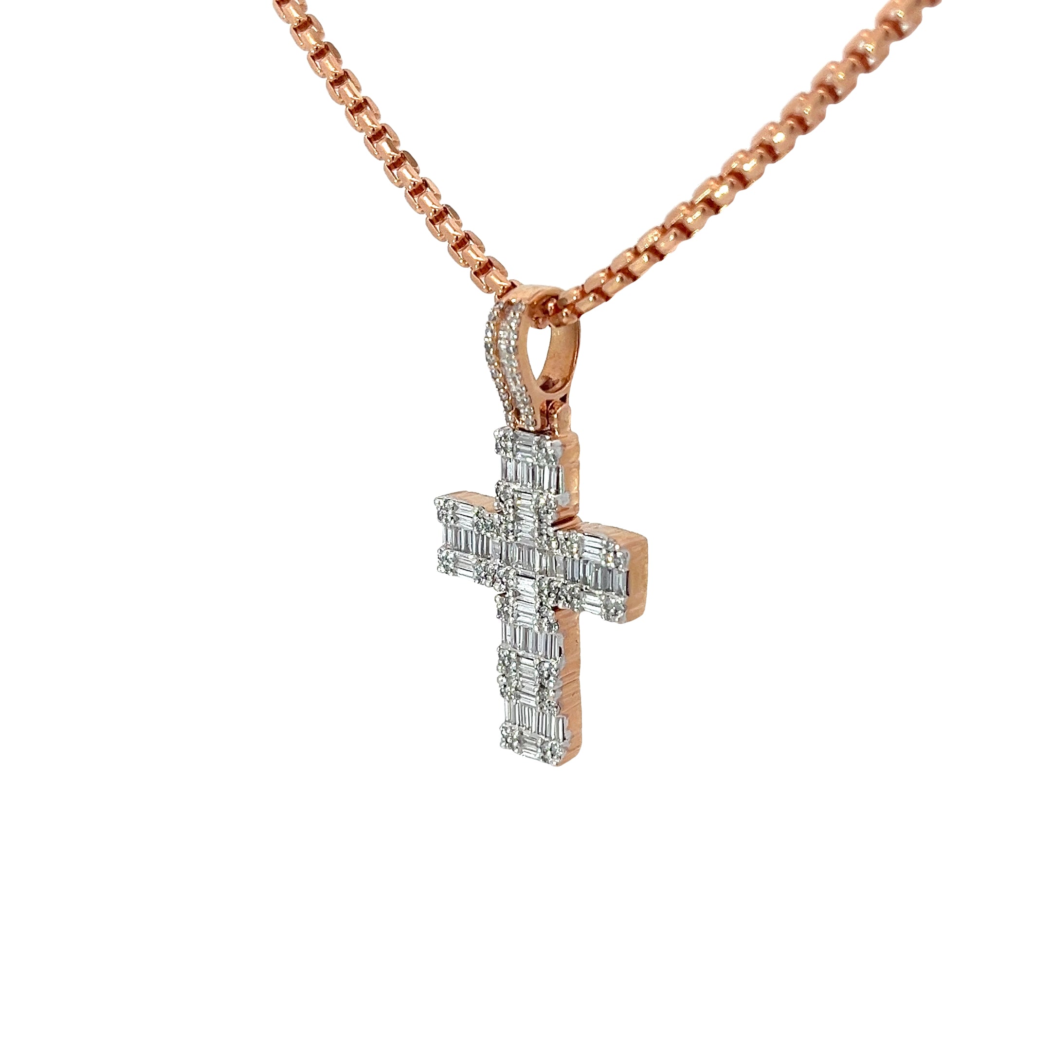 14k Rose Gold 2.00ct F VS2 Round and Baguette Diamond Cross Necklace