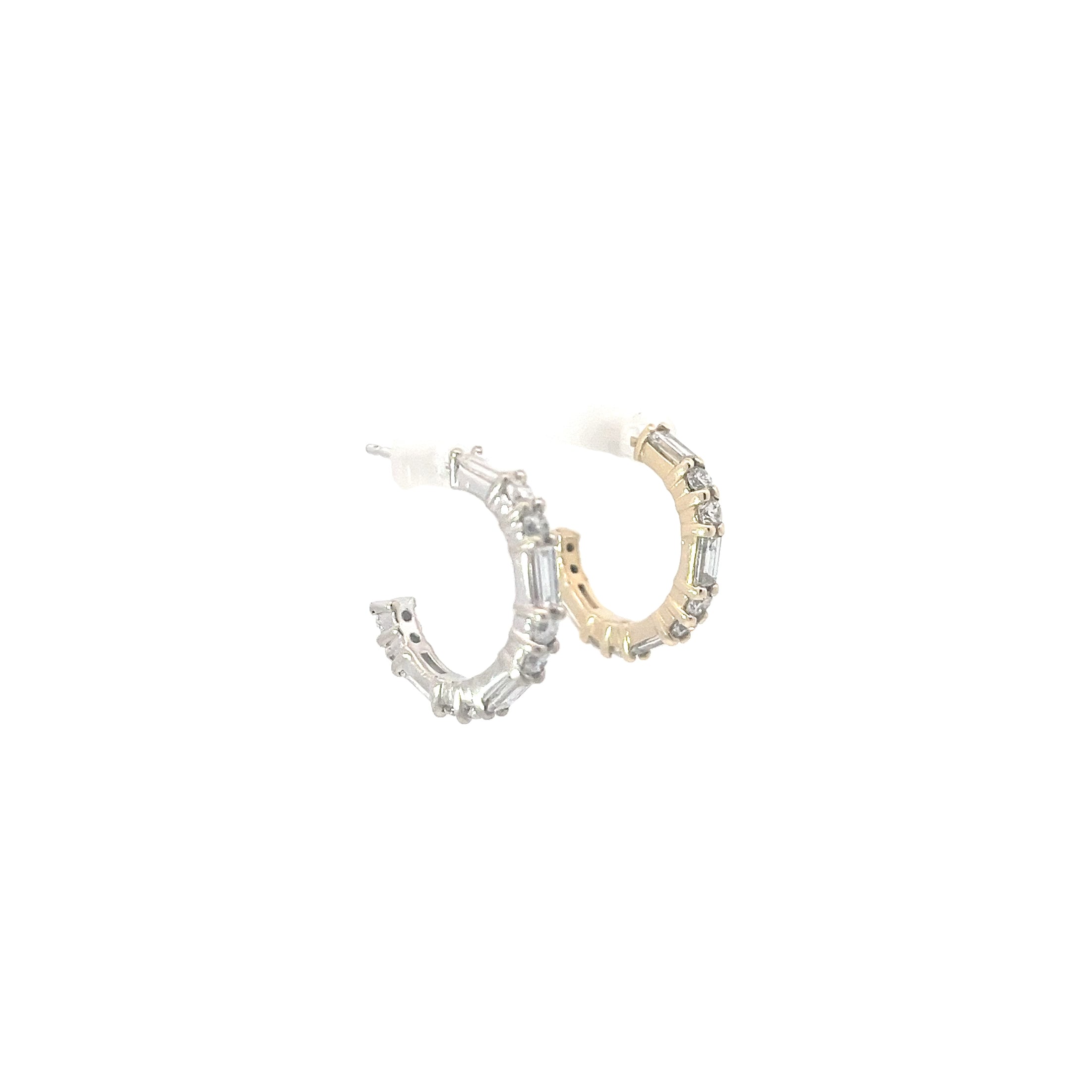 14k Yellow and  White Gold 1.55ct F VS2 Round and Baguette Total of Weight Diamond Hoop Earrings