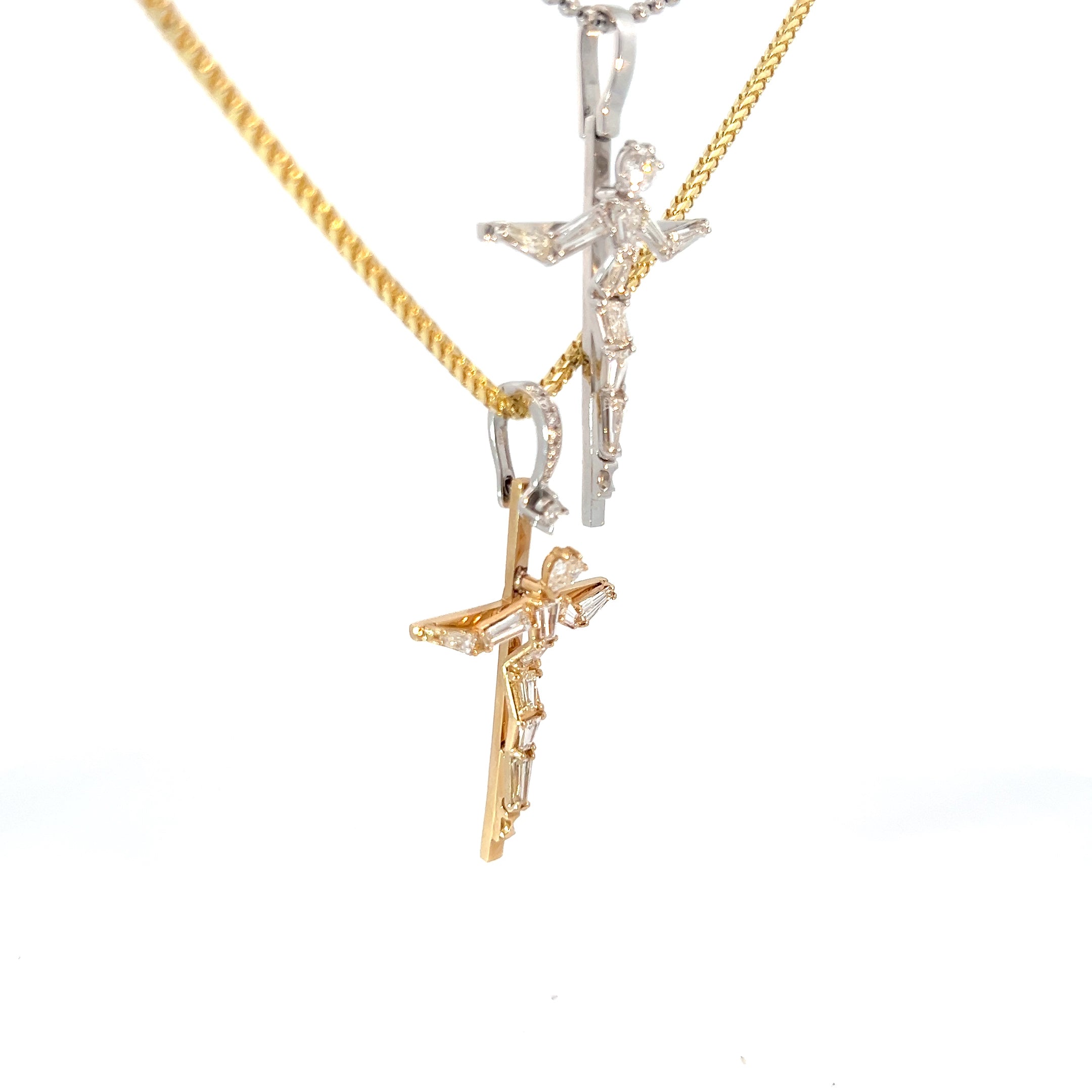 14k White or Yellow Gold 1.55CT E VS1 Baguette and Round Diamond Cross Pendant