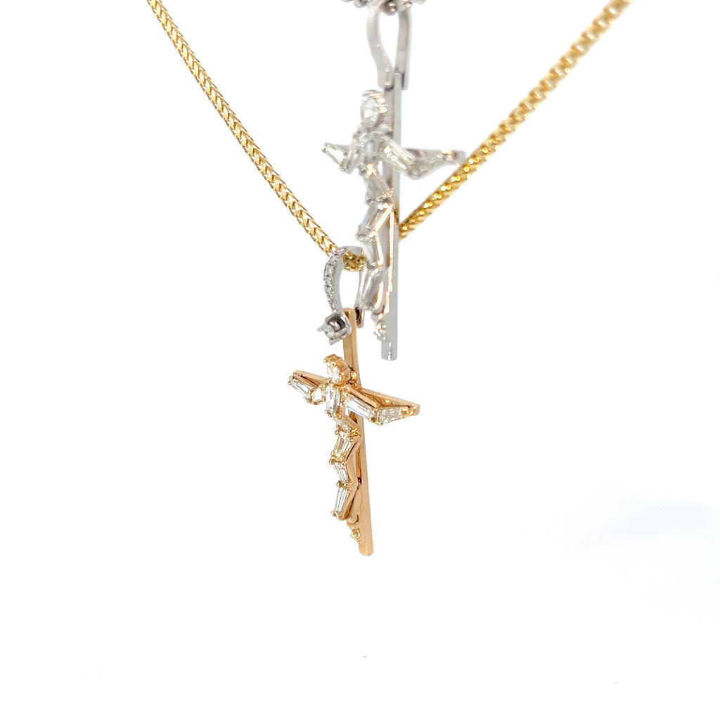 14k White or Yellow Gold 1.55CT E VS1 Baguette and Round Diamond Cross Pendant