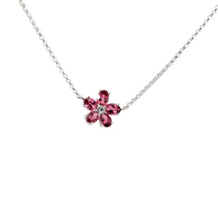 18k White Gold .05ct G SI1 Round Diamond and Oval Shape Pink Tourmaline Flower Necklace