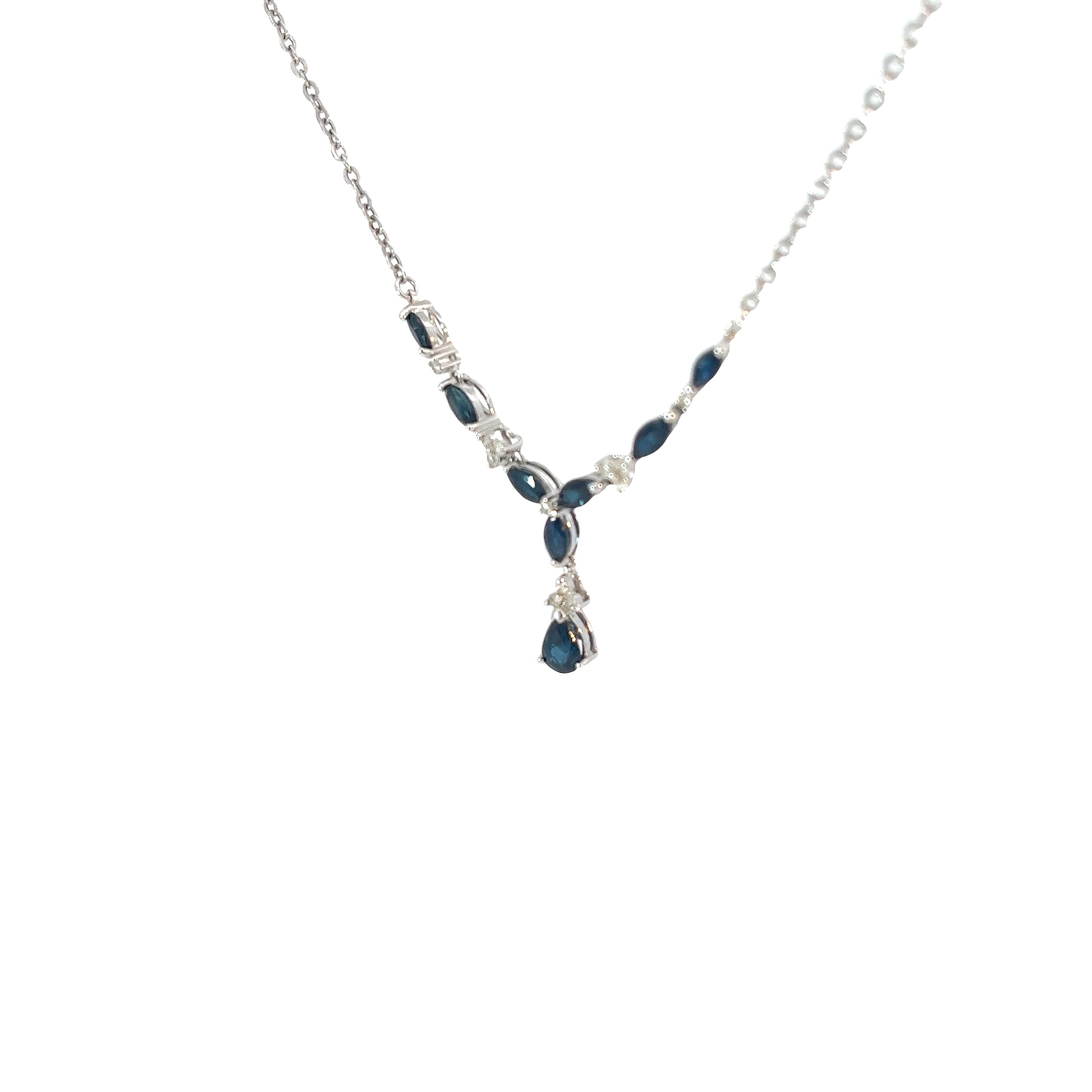 14K White  Gold  1.50ct Pear and Marquise Shape Sapphire and .15ct G SI1 Round Diamond Necklace