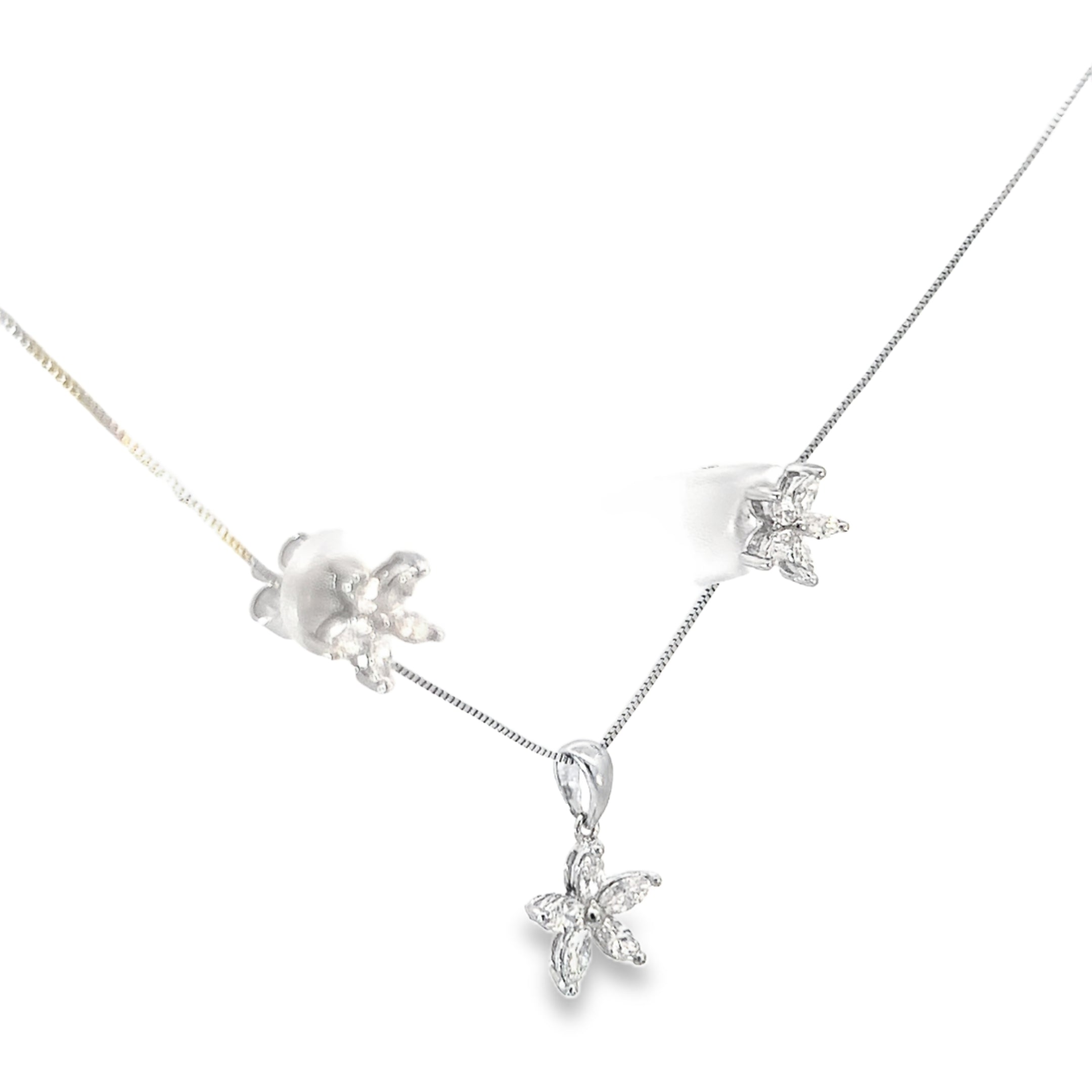 18k White Gold 1.00ct Total Weight F VS2 Marquise Flower (5) Pedal Earring and Pendant Set