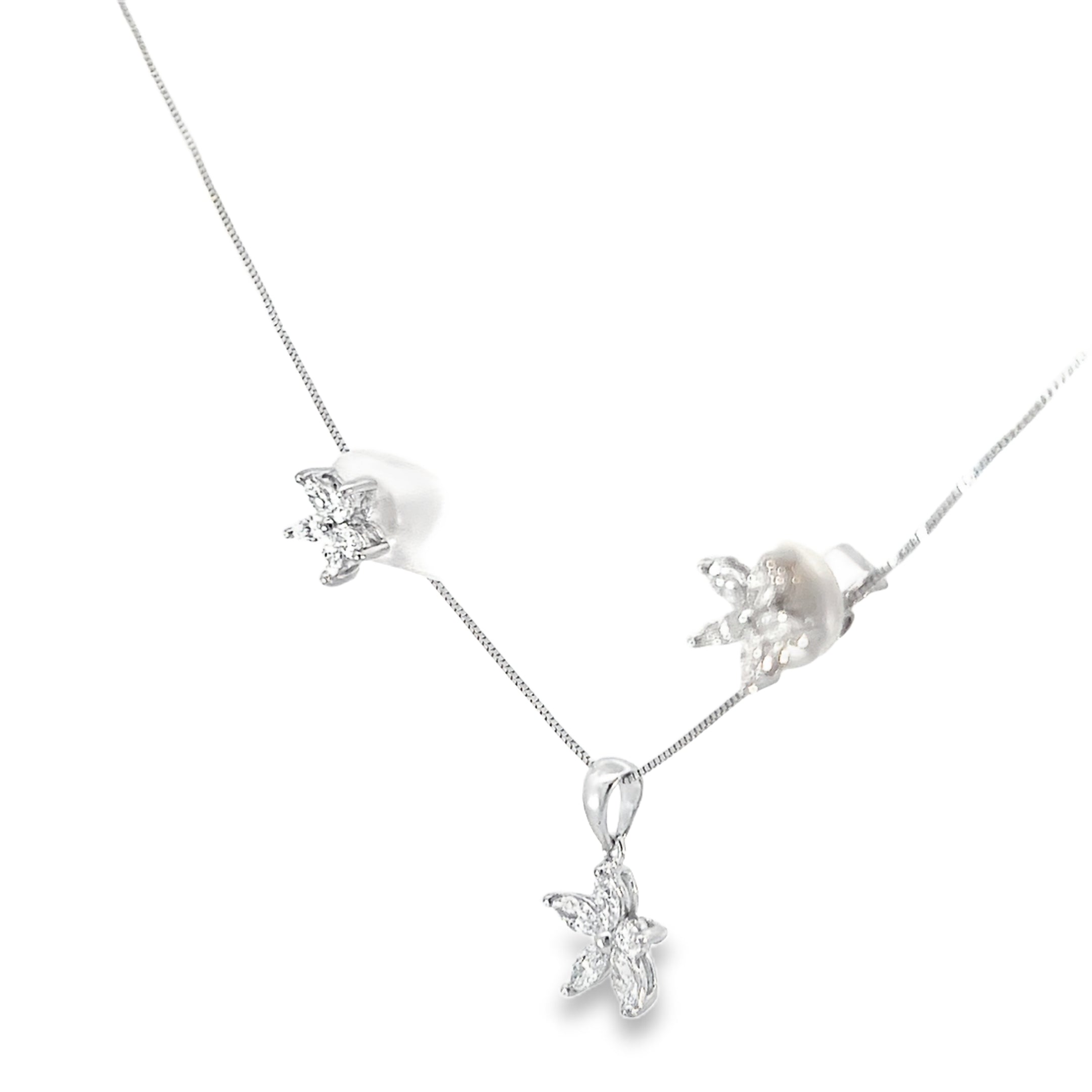 18k White Gold 1.00ct Total Weight F VS2 Marquise Flower (5) Pedal Earring and Pendant Set