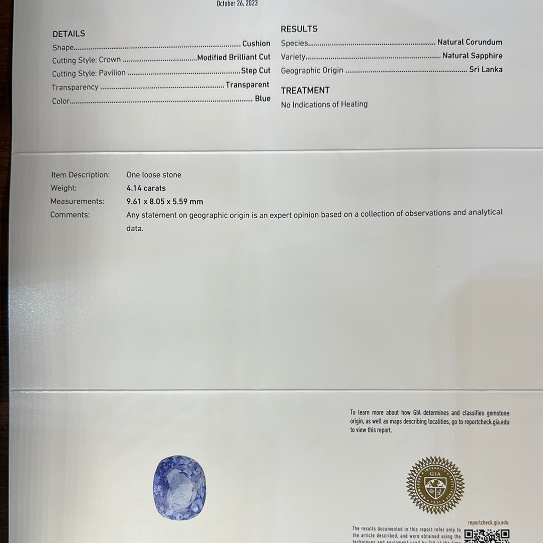 18k White Gold 4.14ct Cushion Blue Sapphire No Heat and .65ct Round Diamond Ring Certified By GIA #2235097997