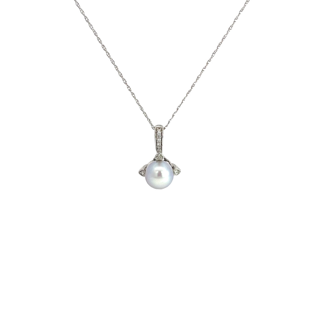 14k White Gold .10ct H SI1 Round Diamond and South Sea Water Gray Pearl 7.5mm Necklace