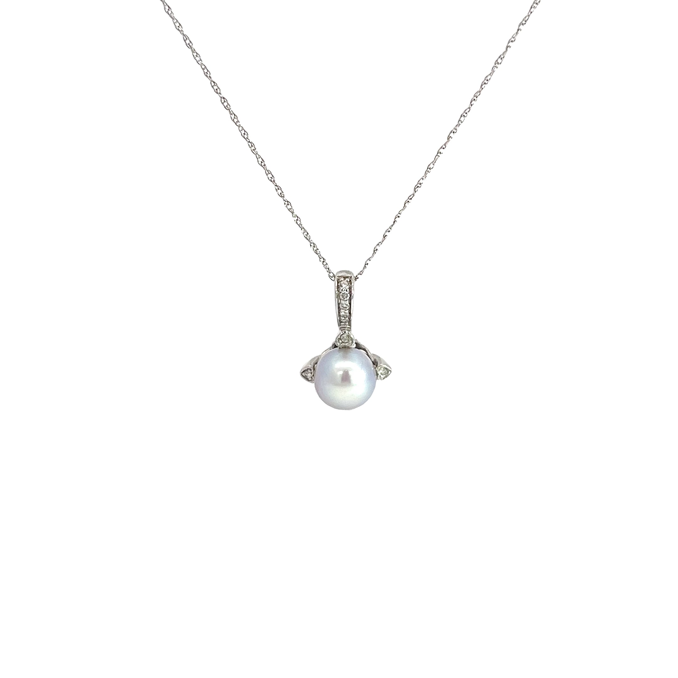 14k White Gold .10ct H SI1 Round Diamond and South Sea Water Gray Pearl 7.5mm Necklace