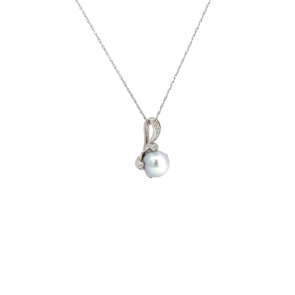 14k White Gold .10ct H SI1 Round Diamond and South Sea Water Gray Pearl 7.5mm Necklace