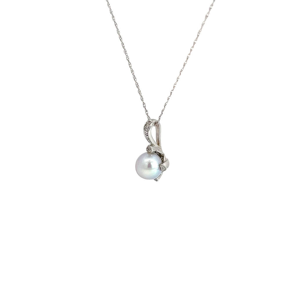 14k White Gold .10ct H SI1 Round Diamond and South Sea Water Gray Pearl 7.5mm Necklace