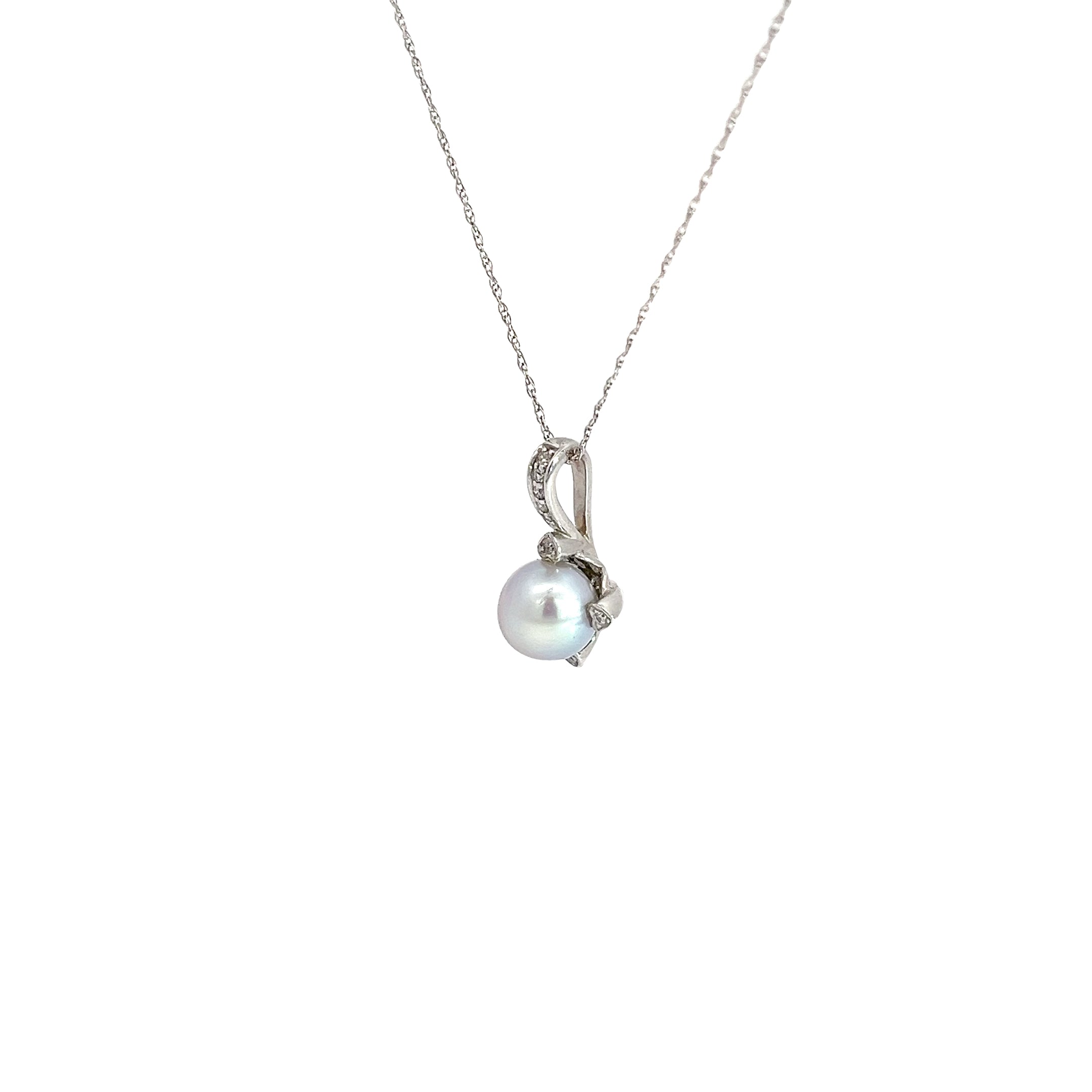 14k White Gold .10ct H SI1 Round Diamond and South Sea Water Gray Pearl 7.5mm Necklace