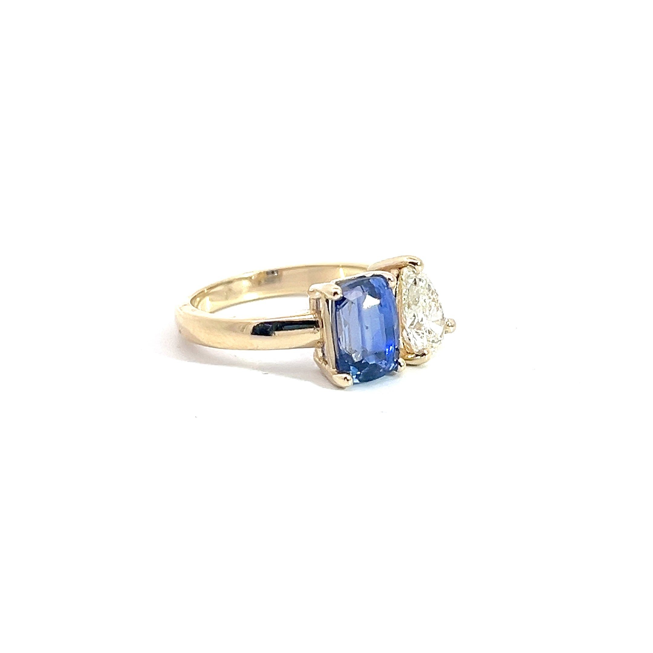 14k Yellow Gold 2.68ct Blue Sapphire Cushion Certified By Gia# 5201580967/ 1.01ct H SI2 Pear Shape Diamond  Certified By GIA# 2211892445 Toi et Moi Ring