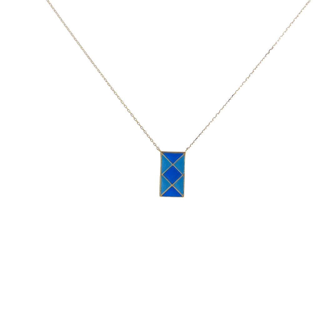 14k Yellow Gold Light Blue and Blue Enamel Rectangular Necklace