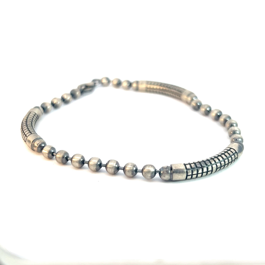 Sterling Silver 14.4 Gram (3) Curb Bar Men Beaded Bracelet