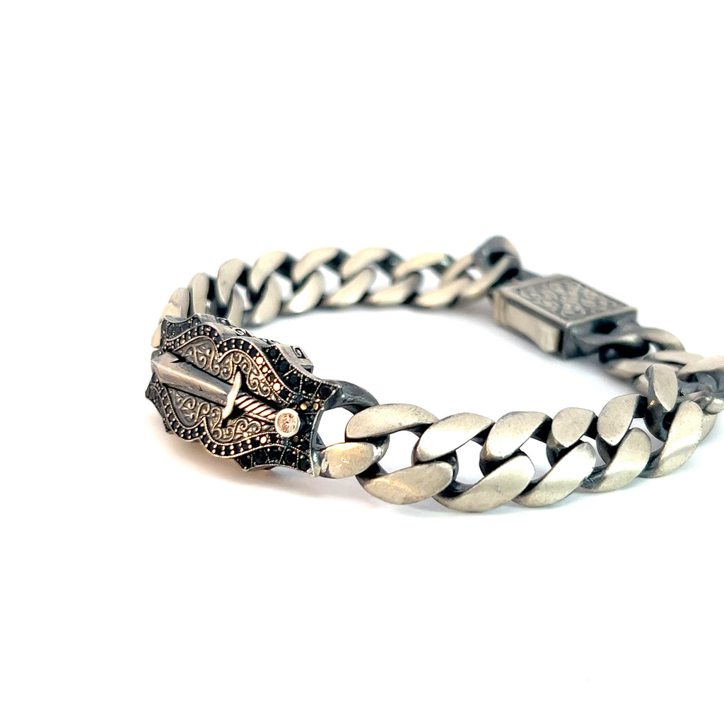 Sterling Silver 47.1 Gram Cuban Link Knife Sword Design with Chocolate Cubic Zirconium and Black Onyx Men Bracelet