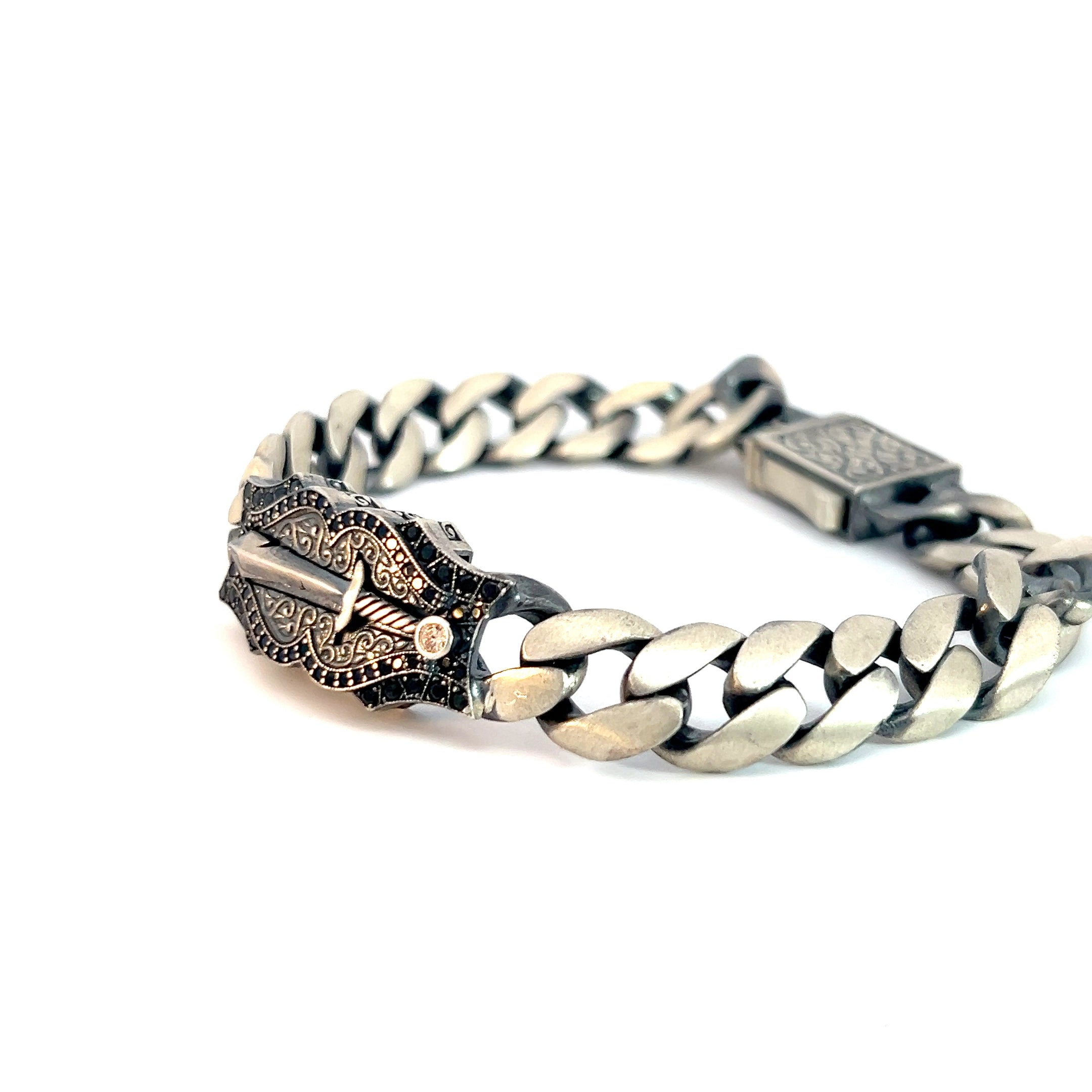Sterling Silver 47.1 Gram Cuban Link Knife Sword Design with Chocolate Cubic Zirconium and Black Onyx Men Bracelet