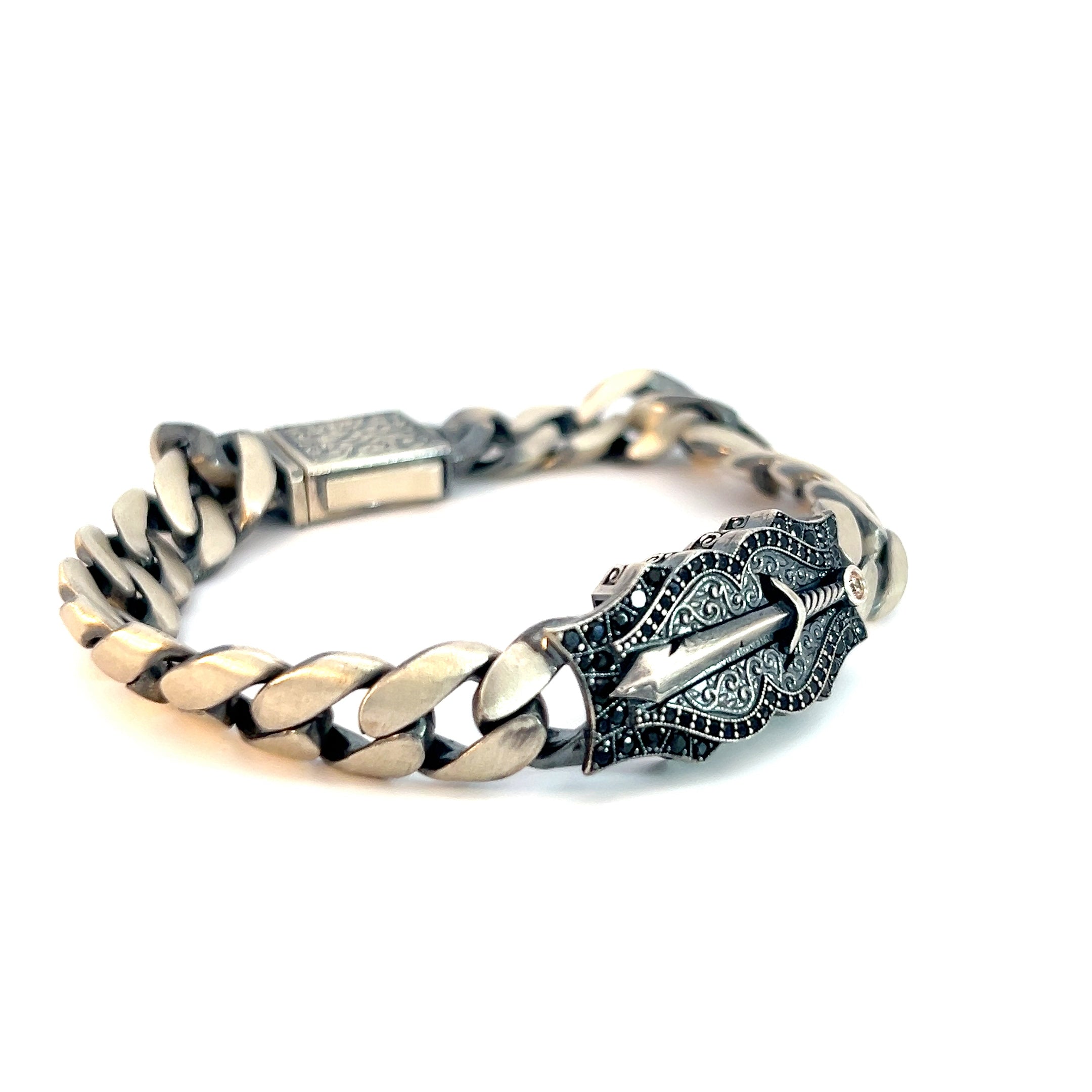 Sterling Silver 47.1 Gram Cuban Link Knife Sword Design with Chocolate Cubic Zirconium and Black Onyx Men Bracelet