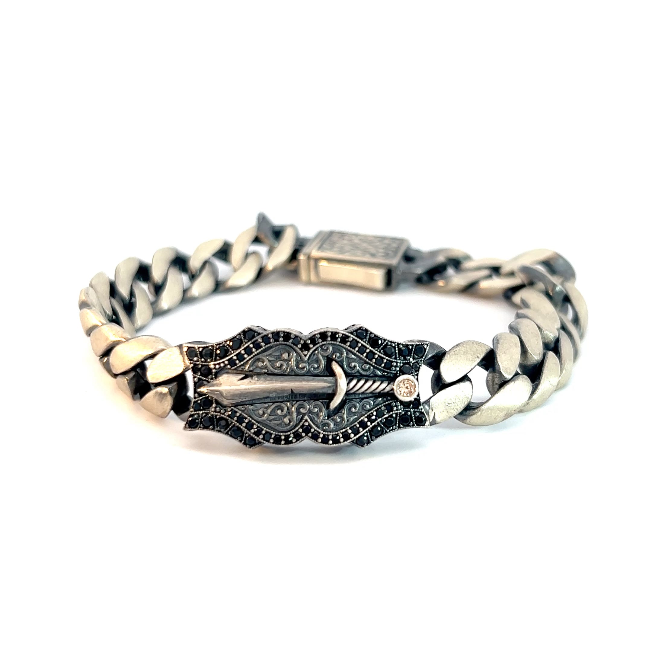 Sterling Silver 47.1 Gram Cuban Link Knife Sword Design with Chocolate Cubic Zirconium and Black Onyx Men Bracelet