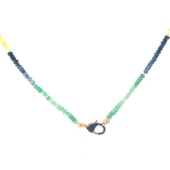 14k Yellow Gold .20ct Round Pink, Blue Sapphire and Emerald Clasp /Rough Tumbled Beaded Necklace