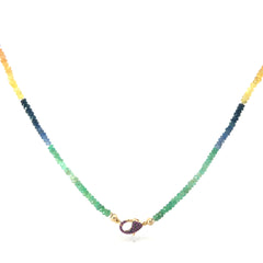14k Yellow Gold .20ct Round Pink, Blue Sapphire and Emerald Clasp /Rough Tumbled Beaded Necklace