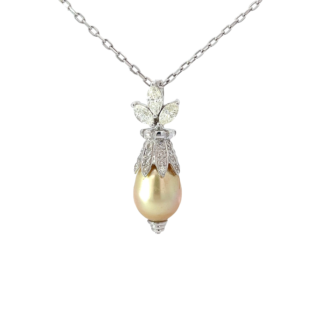 18k White Gold 1.50ct H SI1 Round Diamond and Natural Salt Water South Sea 12mm Pearl Necklace