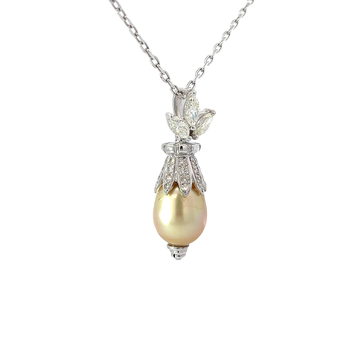 18k White Gold 1.50ct H SI1 Round Diamond and Natural Salt Water South Sea 12mm Pearl Necklace