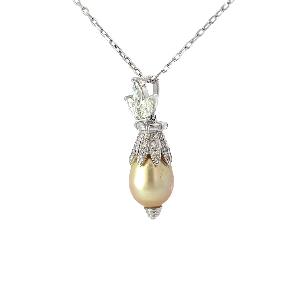 18k White Gold 1.50ct H SI1 Round Diamond and Natural Salt Water South Sea 12mm Pearl Necklace