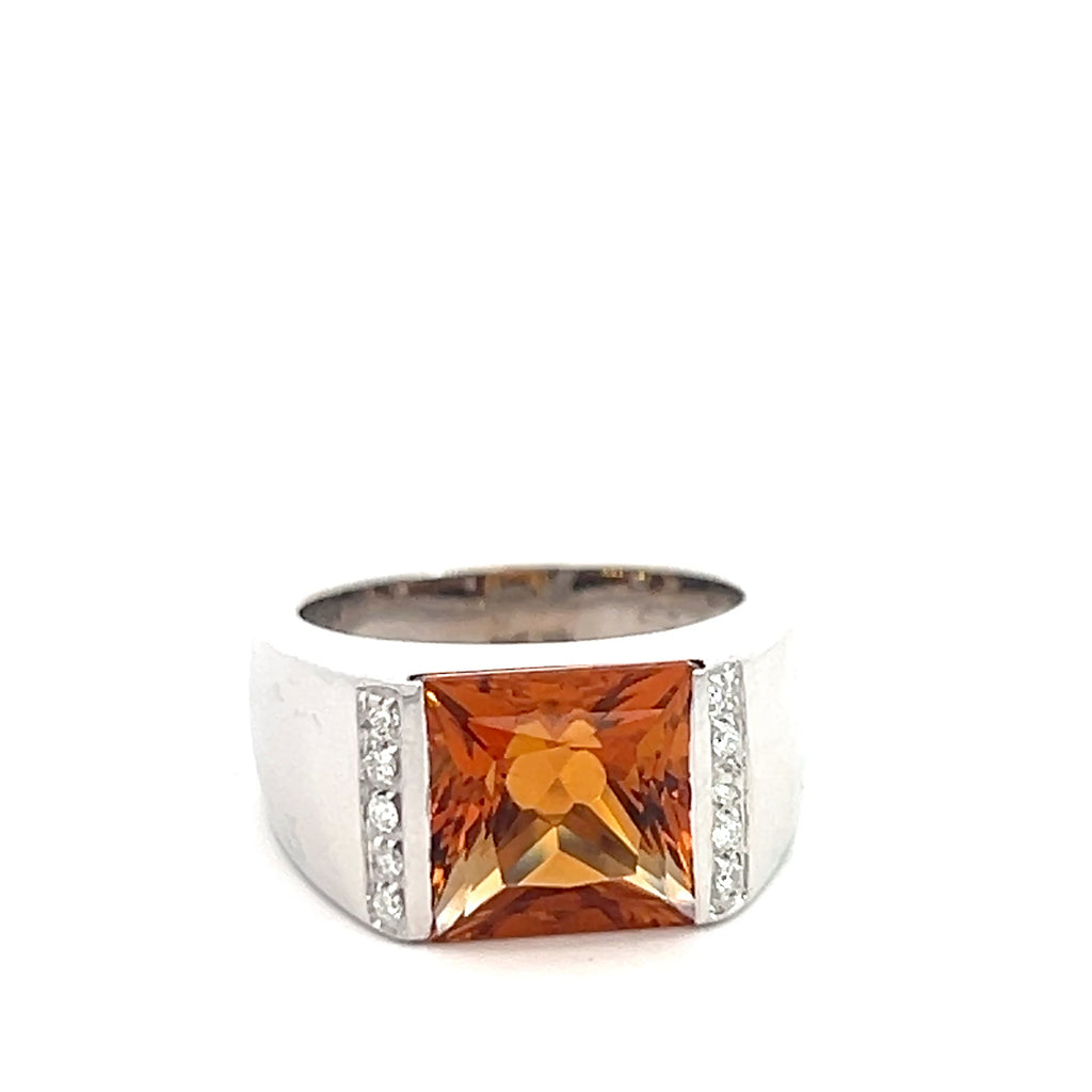 18k White Gold 4.00ct Prince Cut Citrine AAA 10x10 / .10ct G SI1 Round Diamond Ring