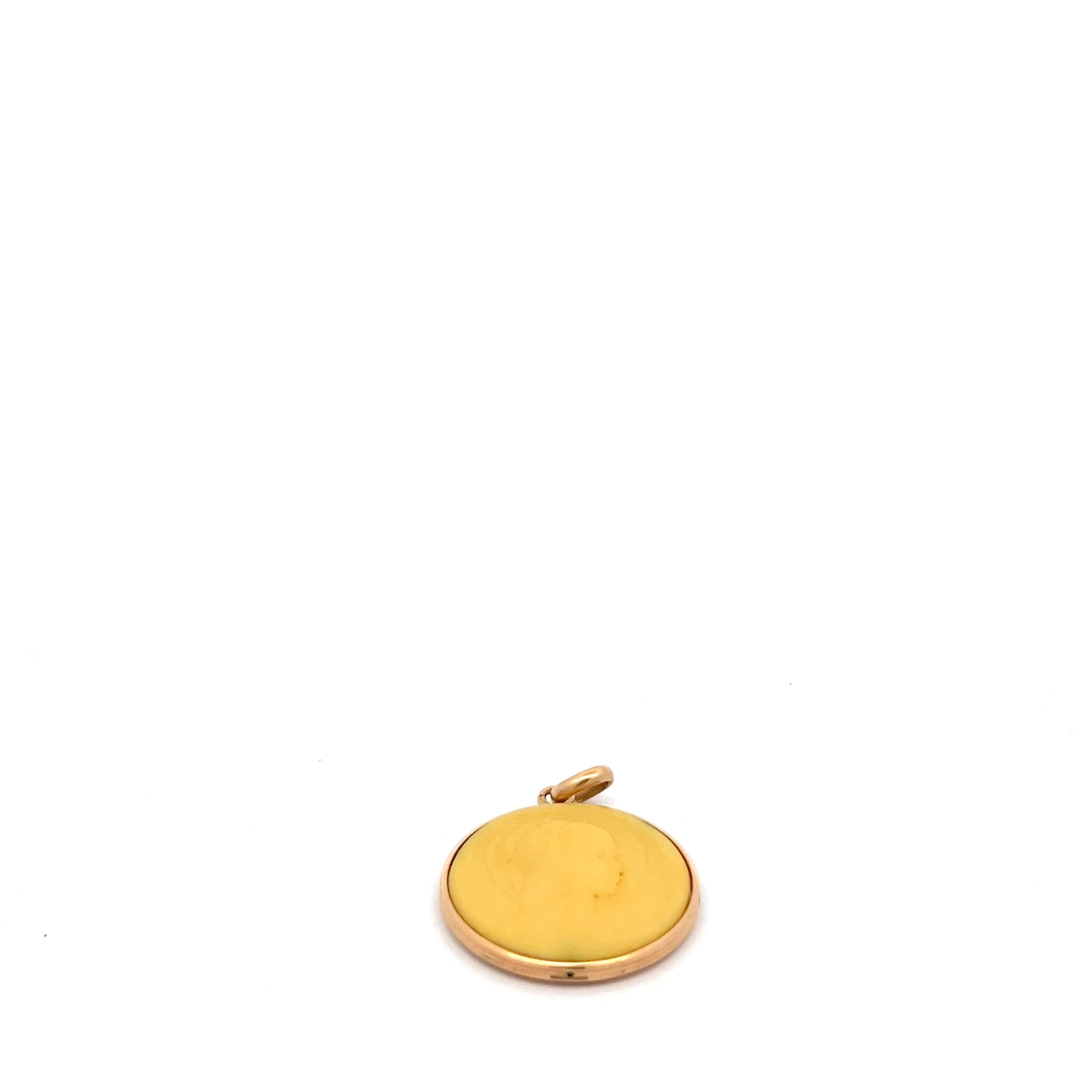 18k Yellow Gold Medaille Ancienne Vierge en Ivoire et Or Signee J.A. Briquemont