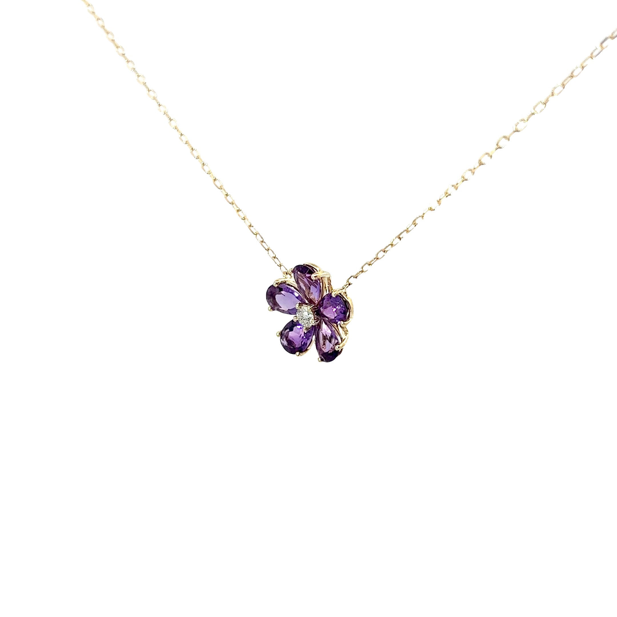 14KY 1.87CT AMETHYST AND .08CT DIAMOND FLOWER PENDANT