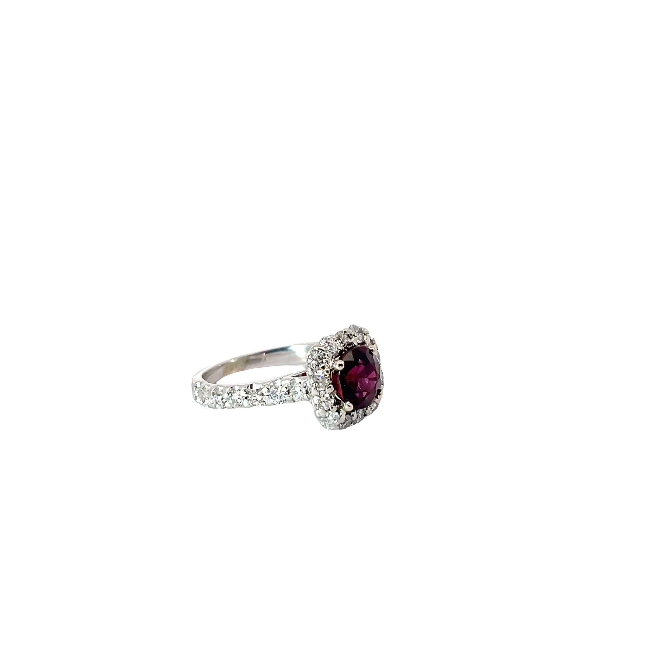 18k White Gold  1.76ct Cushion Rhodolite Garnet  and .75CT G VS2 Round Diamond Ring Certified By GIA#2235020105