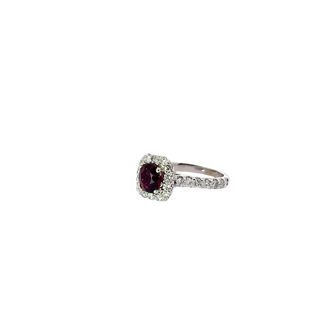 18k White Gold  1.76ct Cushion Rhodolite Garnet  and .75CT G VS2 Round Diamond Ring Certified By GIA#2235020105