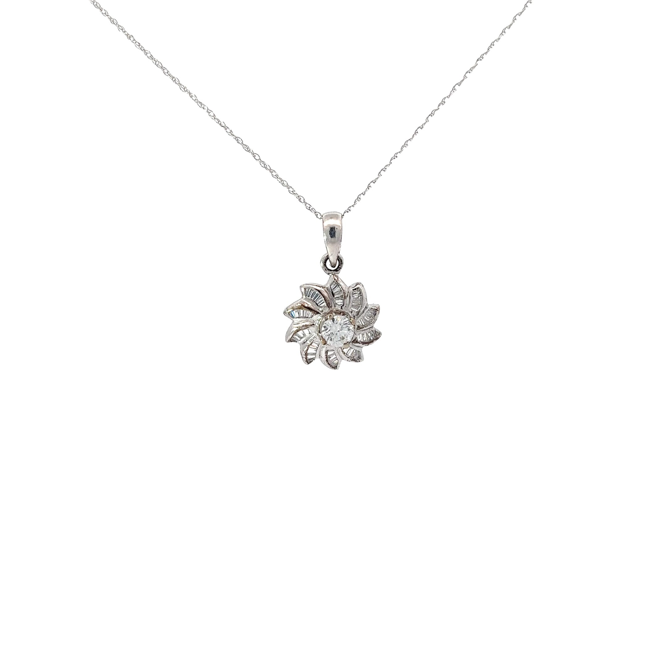 18k White Gold.58ct Baguette F SI1 Diamond and .42ct F SI1 Round Diamond Necklace