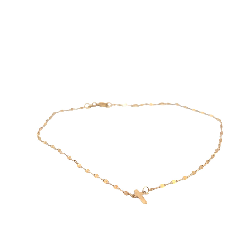 10k Yellow Gold Anklet Bracelet with Sideways Cross 10"inch .04 gram