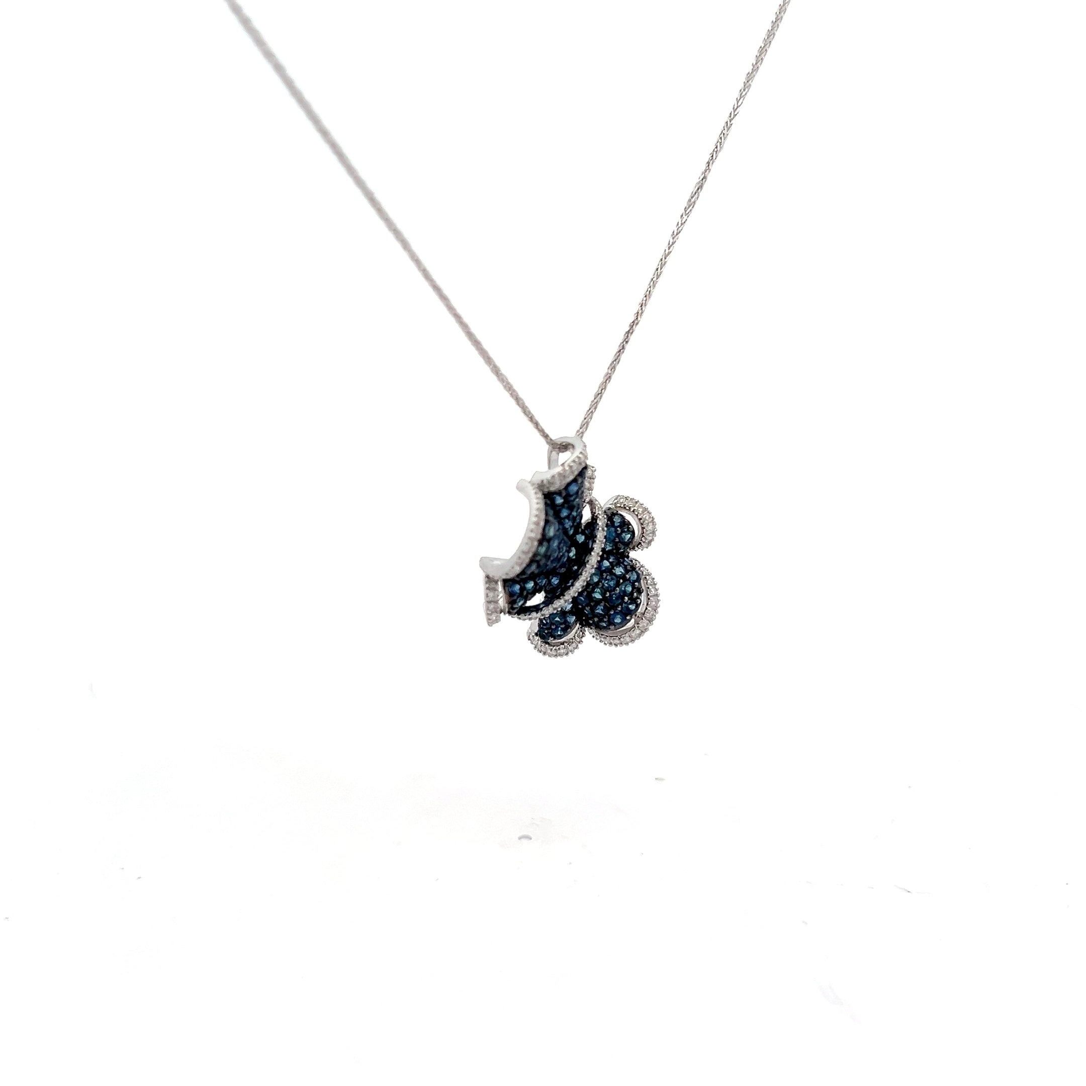14k White Gold 1.50ct Round Blue Sapphire and .35ct F VS2 Round Diamond Necklace