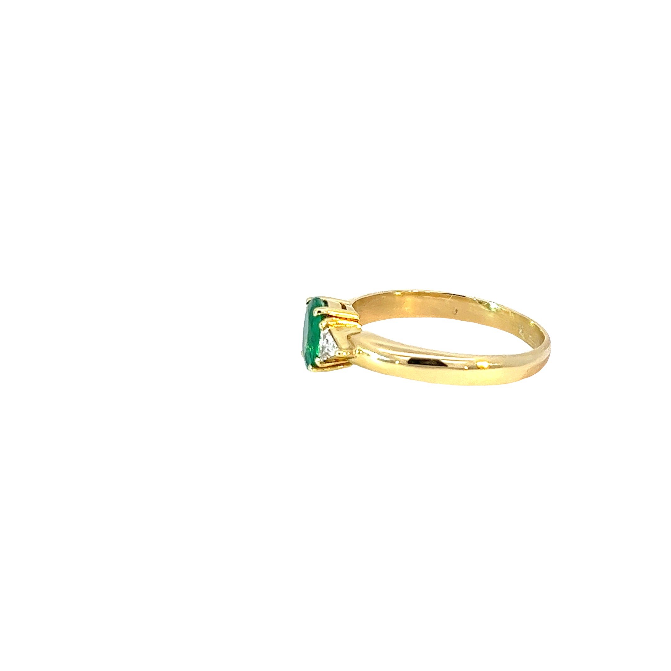 18k Yellow Gold 1.10ct Oval Colombian Emerald AA and  .30ct  F VS2 Trillion Diamond Ring