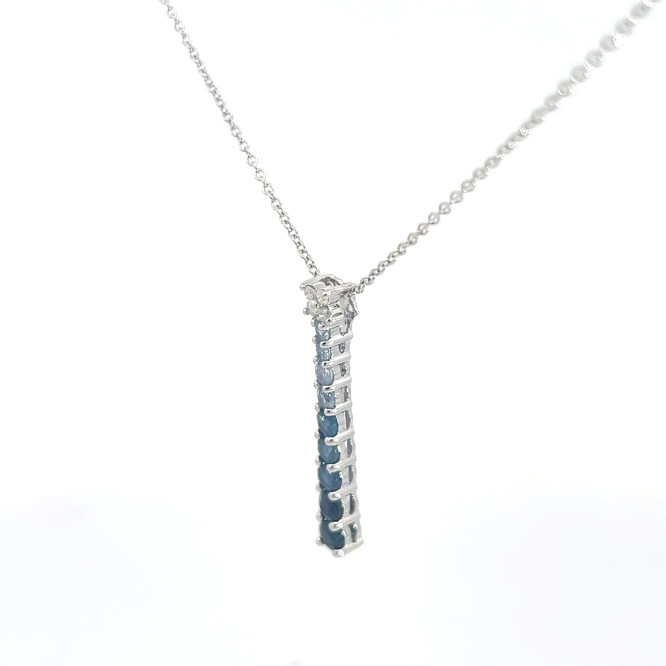 14k White Gold 1ct Round Color Blue Sapphire/.07ct G SI1 Round Diamond Graduated Pendant