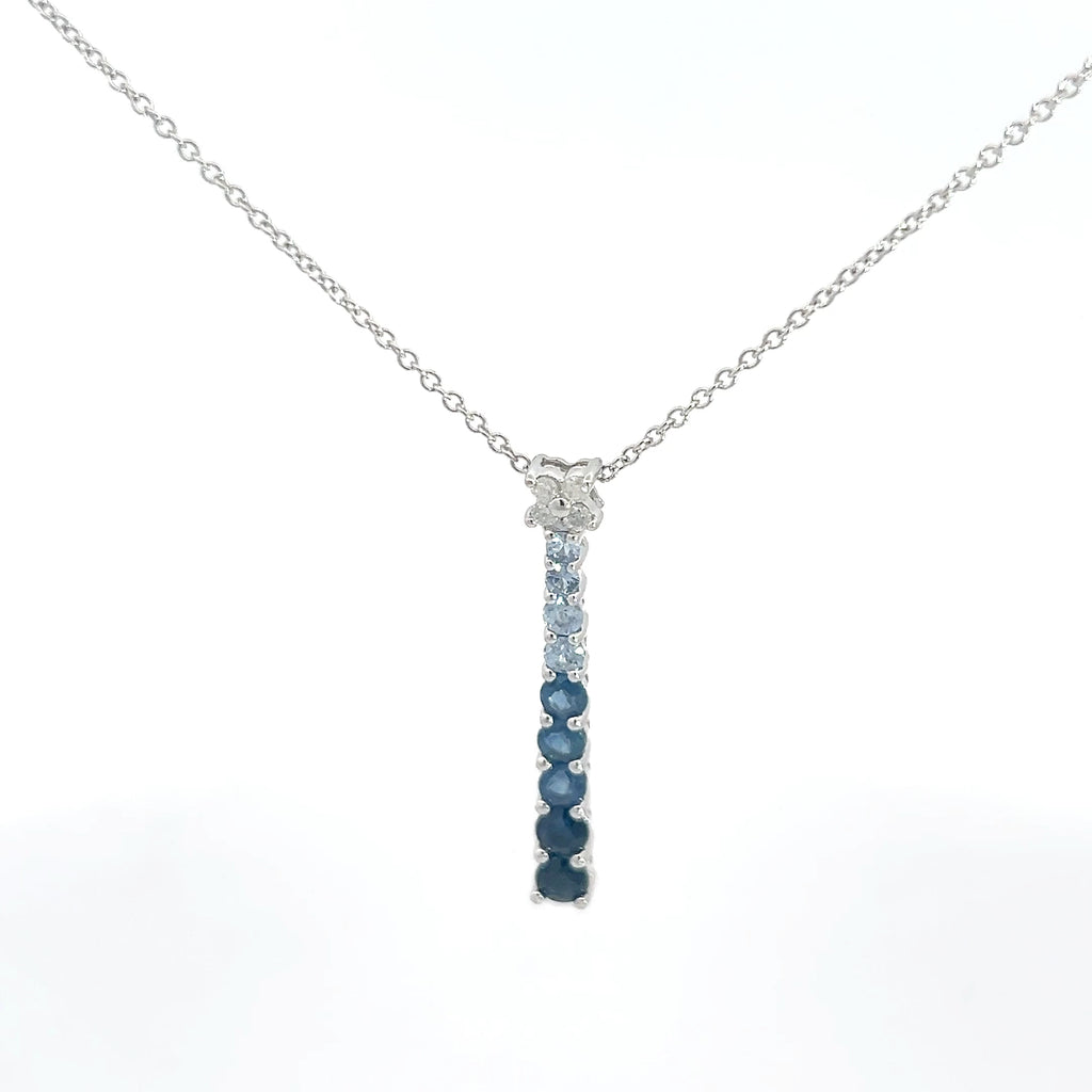 14k White Gold 1ct Round Color Blue Sapphire/.07ct G SI1 Round Diamond Graduated Pendant