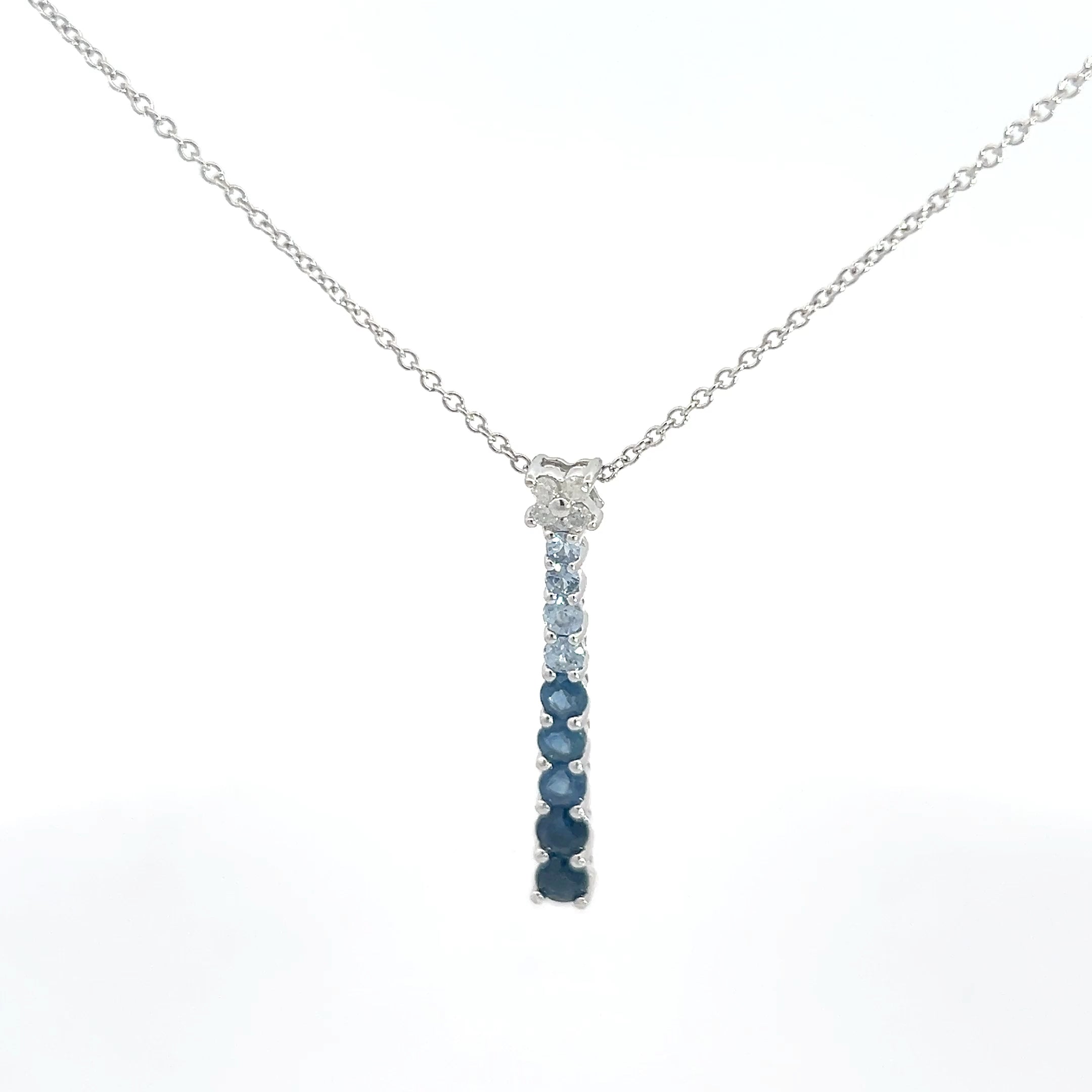 14k White Gold 1ct Round Color Blue Sapphire/.07ct G SI1 Round Diamond Graduated Pendant