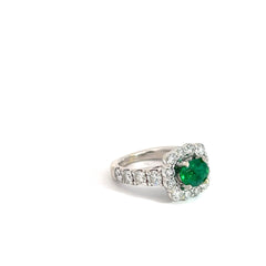 14k White Gold 2.00ct G VS2 Round Diamond / 1.30ct Oval Green Emerald Ring