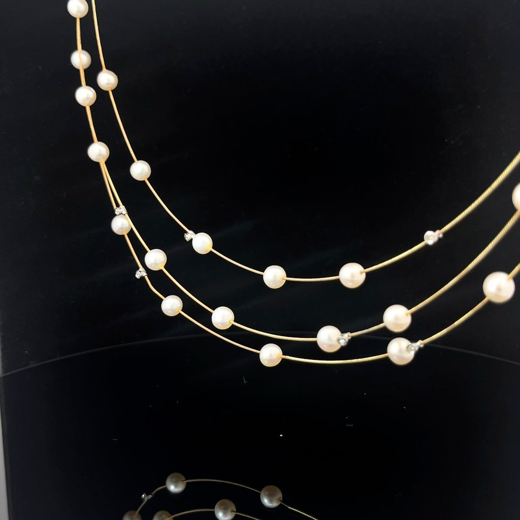 14k Yellow Gold Salt Water Pearl and Diamond 3 Cable Layered Necklace