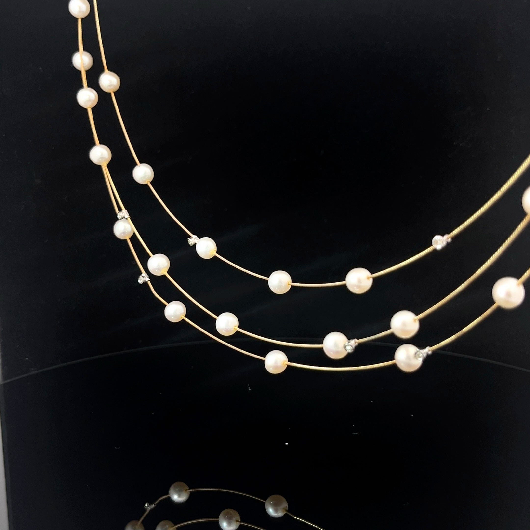 14k Yellow Gold Salt Water Pearl and Diamond 3 Cable Layered Necklace
