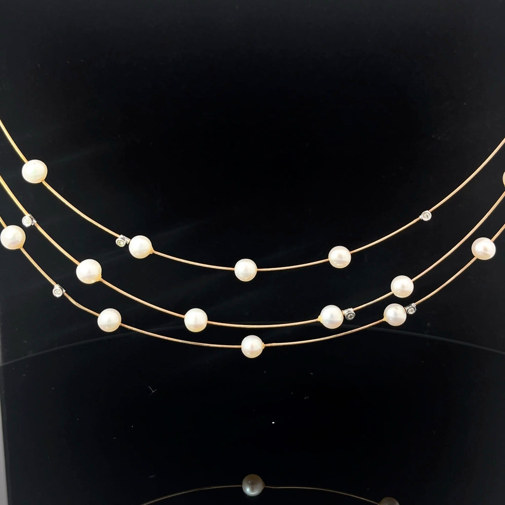 14k Yellow Gold Salt Water Pearl and Diamond 3 Cable Layered Necklace