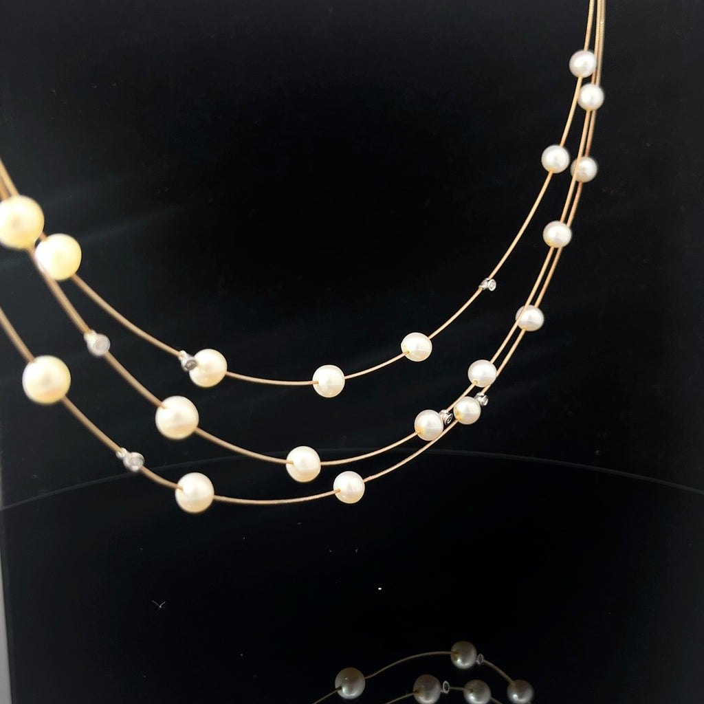 14k Yellow Gold Salt Water Pearl and Diamond 3 Cable Layered Necklace