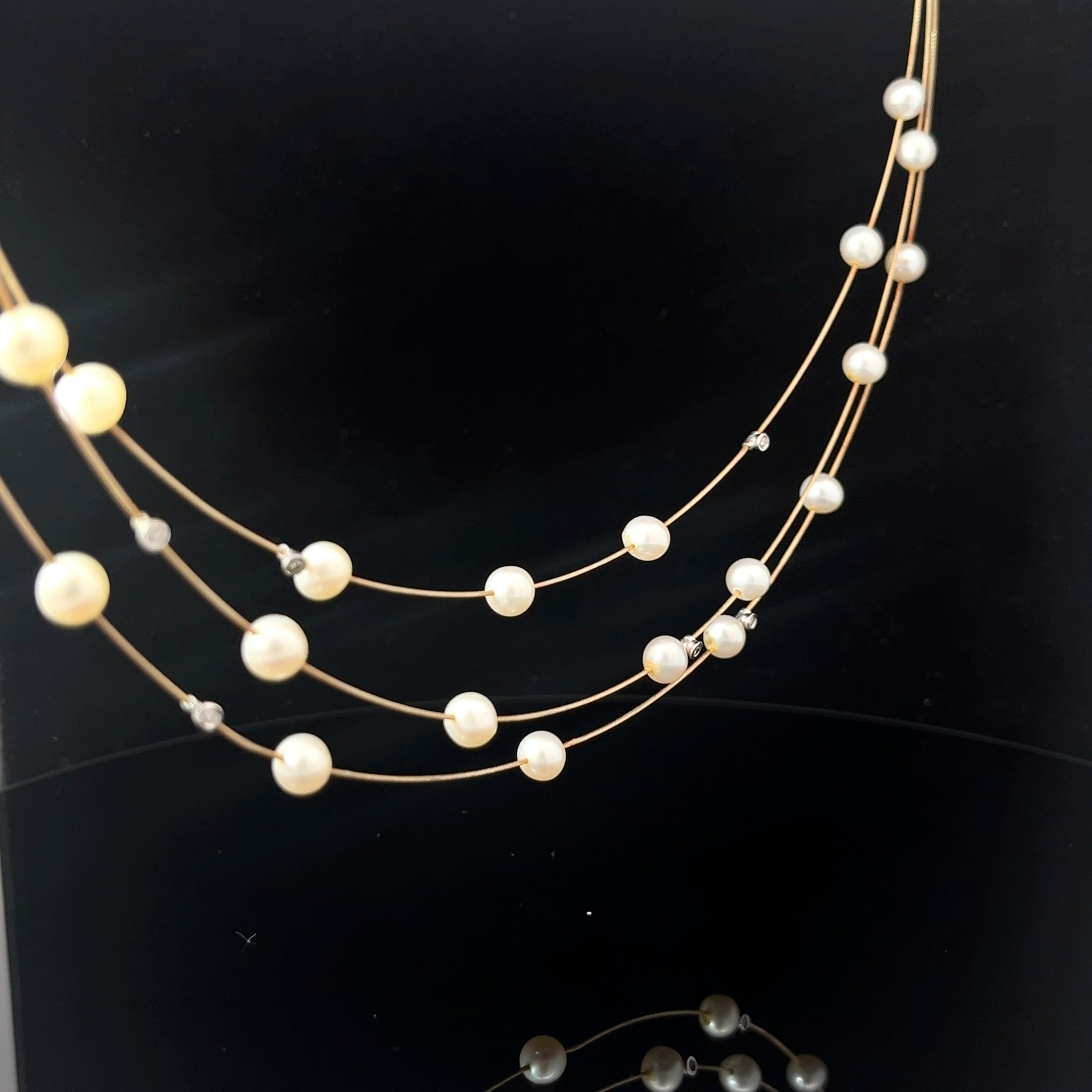 14k Yellow Gold Salt Water Pearl and Diamond 3 Cable Layered Necklace