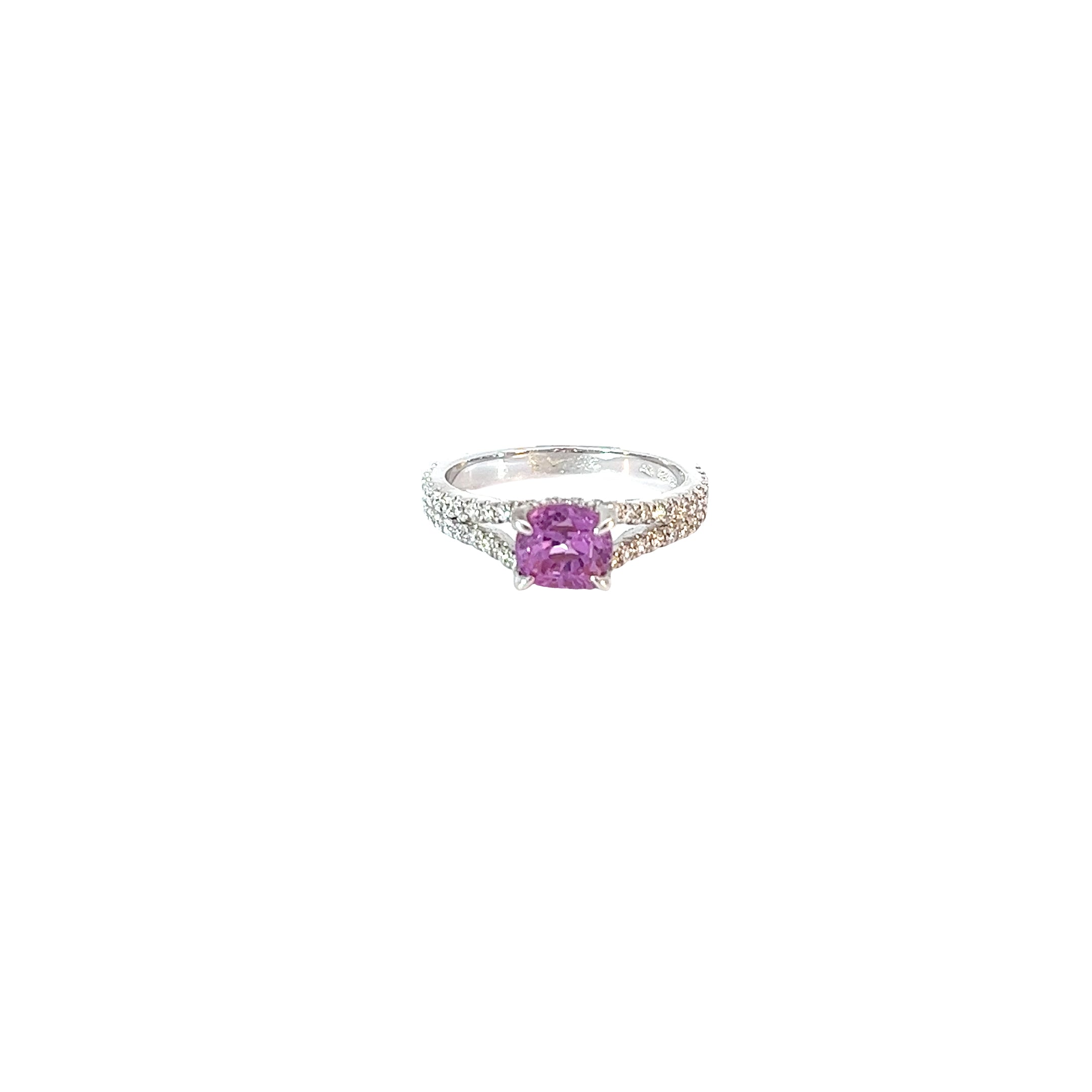 14k White Gold 1.70ct Cushion Pink Sapphire and .50ct F VS2 Round Diamond Ring Certified by GIA# 1182593838