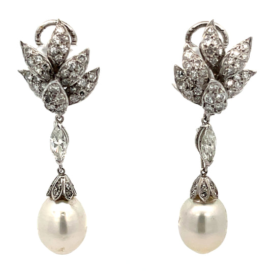 18k White Gold 1.25ct G VS2 Round Diamond and Freshwater White 16mm Pearl Drop Earrings