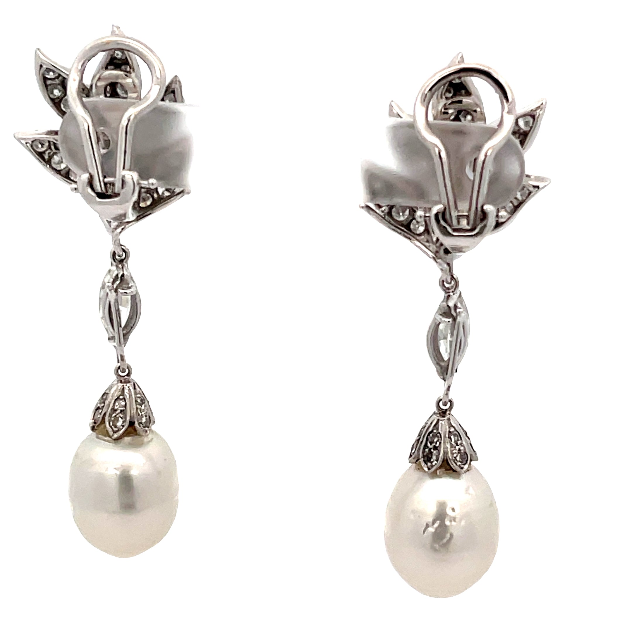 18k White Gold 1.25ct G VS2 Round Diamond and Freshwater White 16mm Pearl Drop earrings
