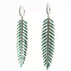 18k White Gold 4.00ct Baguette Shape AAA Emerald / 1.00ct F VS2 Round Diamond Feather Drop Earrings 3" Long